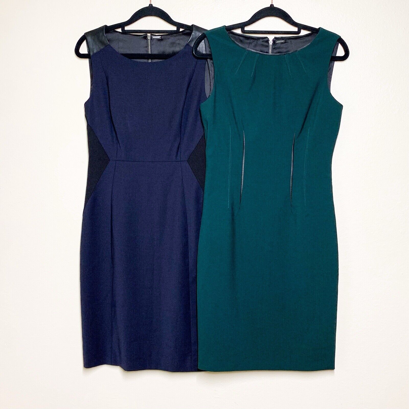 Lot Of 2 Elie Tahari Office Career Dresses Size 2 Blue Green Leather Trim Sheath